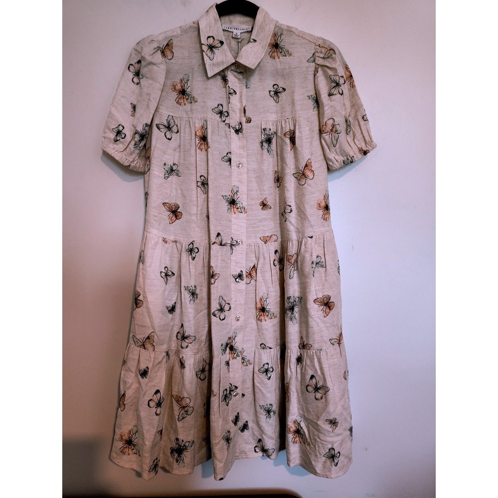 Jane + Delancey Butterfly Print Tiered Shirt Dress Linen Blend Cream Womens M